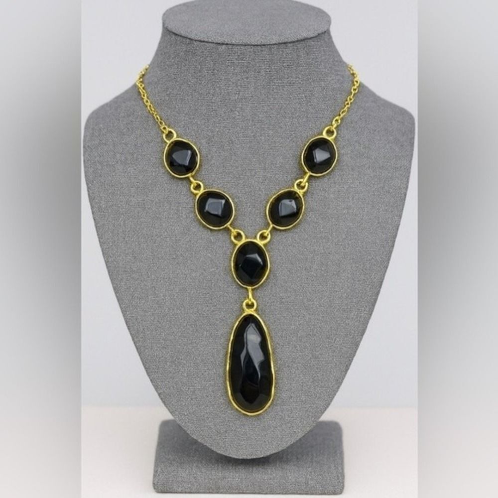 Vintage Womens Chunky Black & Gold Toned Tiered Rhinestone Chain Y-Drop Necklace